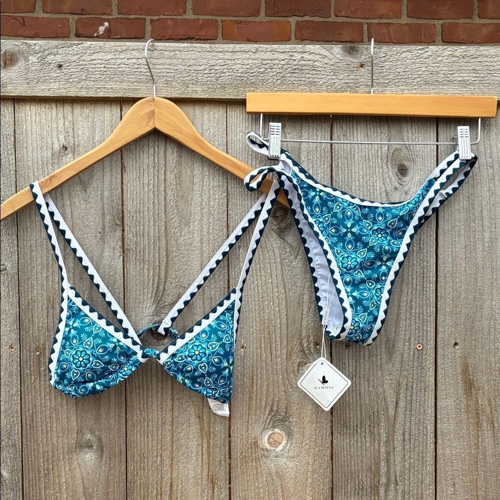 Blue and White Patterned Bikini Set